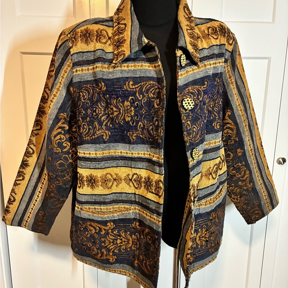 Allure 22/24 XL Tapestry Jacket Eclectic Blazer Top Striped Embroidery Blue Gold